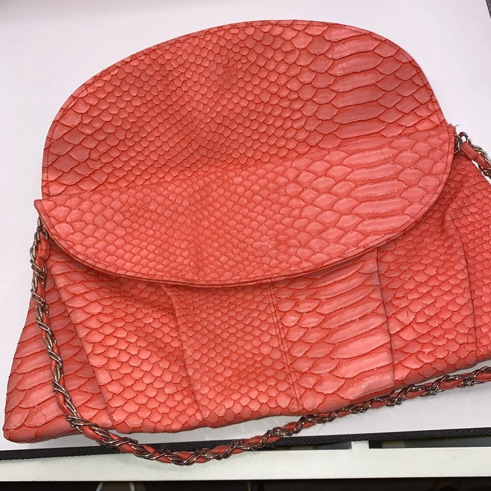Kate Landry‎ Vibrant Coral Textured Clutch with Chain